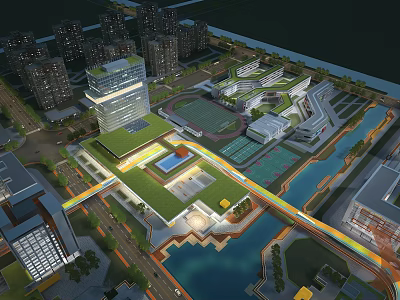Aerial Urban Planning With Modern Buildings Green Spaces Bridges And Water Features 3d model