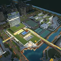 Aerial Urban Planning With Modern Buildings Green Spaces Bridges And Water Features