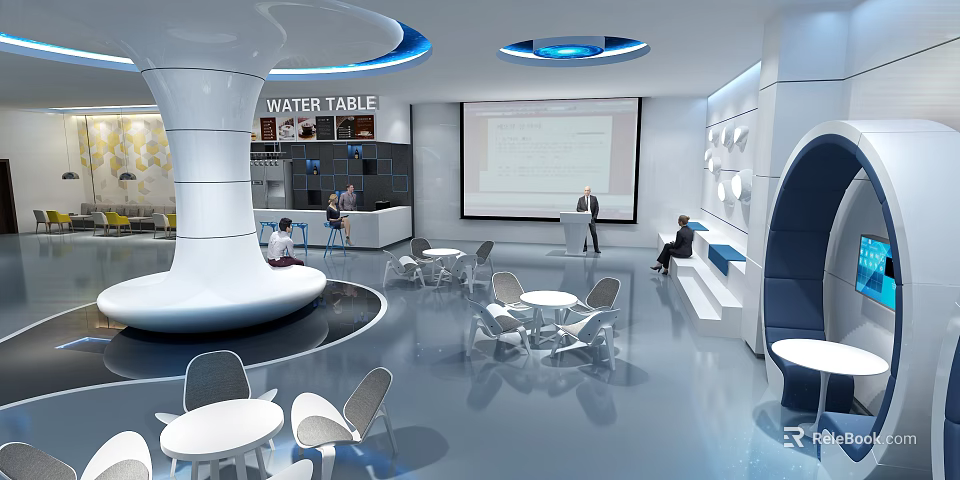 Modern Lounge Area With Round Tables Chairs Water Table Blue Accents And Large Screen 3d model 