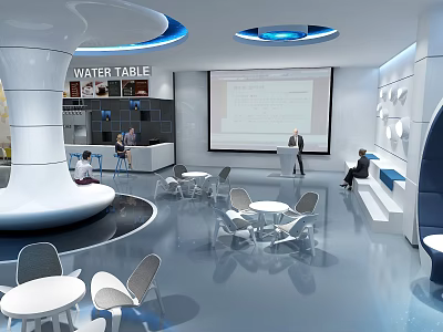 Modern Lounge Area With Round Tables Chairs Water Table Blue Accents And Large Screen 3d model