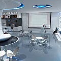 Modern Lounge Area With Round Tables Chairs Water Table Blue Accents And Large Screen