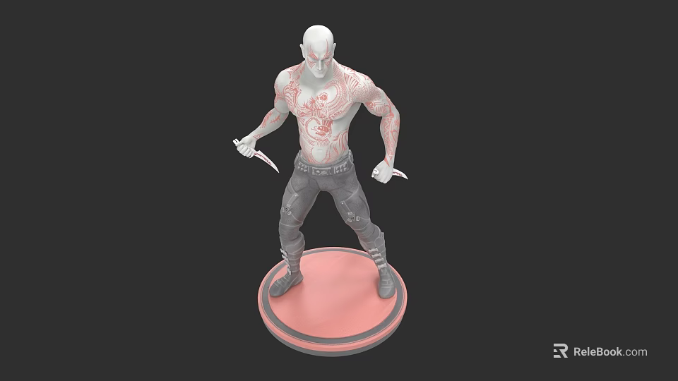 Game Character 3D Model With Bald Head Red Tattoos Holding Knives Gray Pants Pink Base 3d model 
