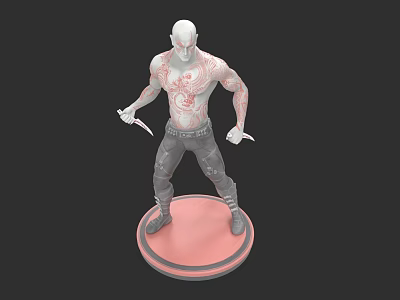 Game Character 3D Model With Bald Head Red Tattoos Holding Knives Gray Pants Pink Base 3d model