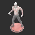 Game Character 3D Model With Bald Head Red Tattoos Holding Knives Gray Pants Pink Base