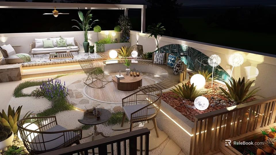 Cozy Roof Garden Outdoor Lounge Area With Lush Plants And String Lights 3d model 