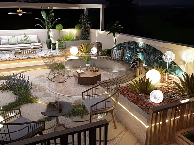 Cozy Roof Garden Outdoor Lounge Area With Lush Plants And String Lights 3d model