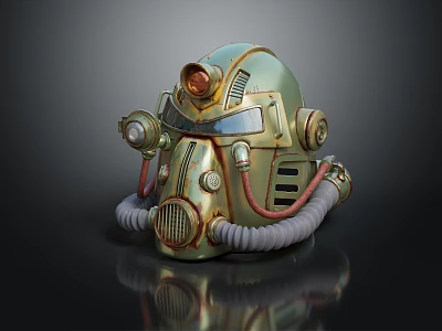 Vintage Steampunk Helmet With Metallic Green Gold Mechanical Lamp And Breathing Tubes 3d model