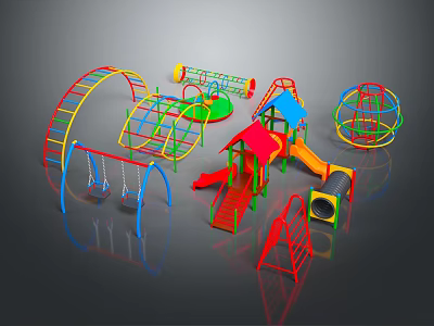 Colorful Outdoor Playground Equipment with Swings Slides Climbing Frames and Rotary Structures 3d model
