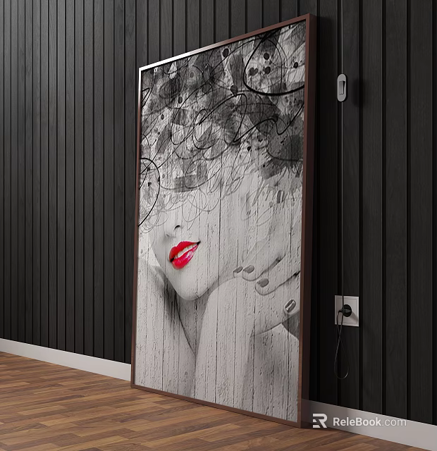 Stylish Female Portrait Painting With Red Lips Long Hair And Abstract Black White Background 3d model 