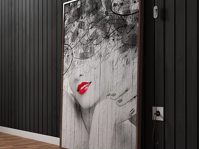 Stylish Female Portrait Painting With Red Lips Long Hair And Abstract Black White Background 3d model