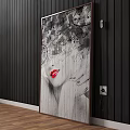 Stylish Female Portrait Painting With Red Lips Long Hair And Abstract Black White Background