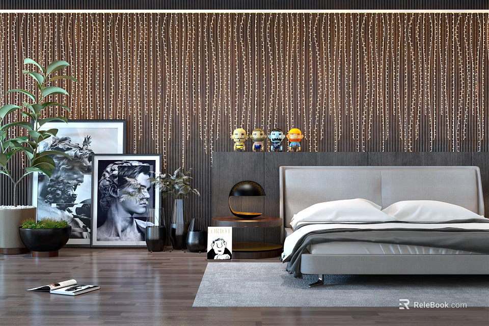 Double bed in modern bedroom with wooden beaded wall nightstand lamp artworks and green plants 3d model 