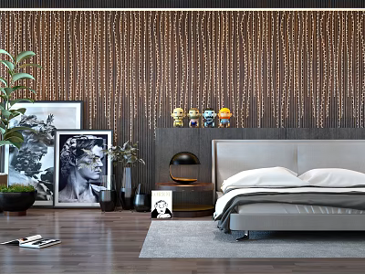 Double bed in modern bedroom with wooden beaded wall nightstand lamp artworks and green plants 3d model