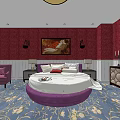 Hotel Guest Room Featuring Red Walls Purple Furniture Round Bed And Blue Floral Carpet