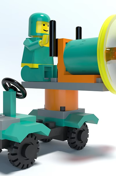 Green Orange Building Blocks Minifigure Riding Vehicle With Yellow Circular Part And Black Wheels 3d model