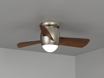 Silver Ceiling Fan With Wooden Blades And White Light In Gray Ceiling White Wall Corner 3d model