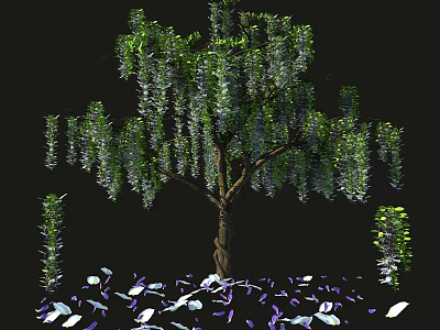 Lush Green Arbor with Hanging Foliage and Purple White Petals Below 3d model