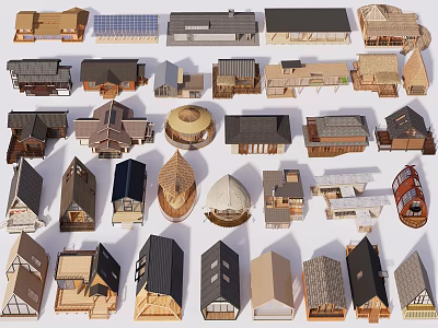 Various Detached House Architectural Models With Different Roof And Design Styles 3d model