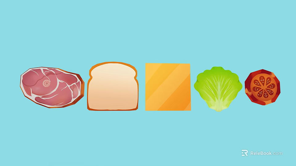 Fresh Sandwich Ingredients Including Meat Bread Cheese Lettuce And Tomato 3d model 