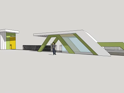 Modern Architectural Entrance Gate Design With Green White Structure And Glass Canopy 3d model