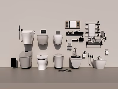 Modern Bathroom Set With Toilets Sinks Mirrors Towel Racks And Fixtures 3d model