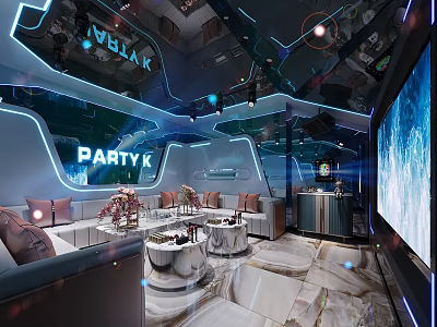 Modern Party K KTV Room Interior With Sofa Tables Large Screen And Neon Lights 3d model