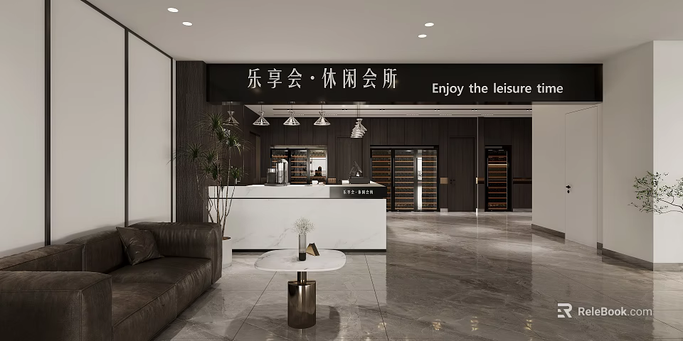 Modern Leisure Club Front Desk Reception With White Marble Counter Sofa And Wine Cabinets 3d model 