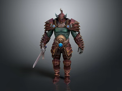 Fantasy Mythical Warrior Character In Red Gold Armor With Blue Gem And Sword 3d model