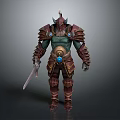 Fantasy Mythical Warrior Character In Red Gold Armor With Blue Gem And Sword