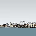 Scenic Commercial Street Under Blue Sky With Red Tiled Roofs Clock Tower People And Balloons