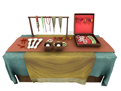 Jewelry Display Table Setup With Hanging Necklaces Earrings Rings And Bracelets On Blue Gold Cloth 3d model