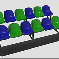 Green And Blue Stadium Seats Arranged In Two Rows With Metal Frames And Black Steps 3d model