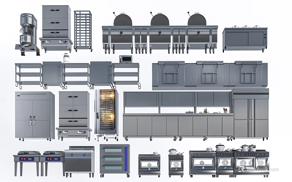 Stainless Steel Commercial Kitchen Equipment With Cabinets Shelves Ovens And Worktables 3d model 