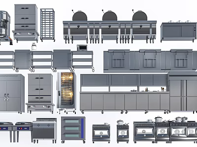 Stainless Steel Commercial Kitchen Equipment With Cabinets Shelves Ovens And Worktables 3d model