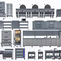 Stainless Steel Commercial Kitchen Equipment With Cabinets Shelves Ovens And Worktables
