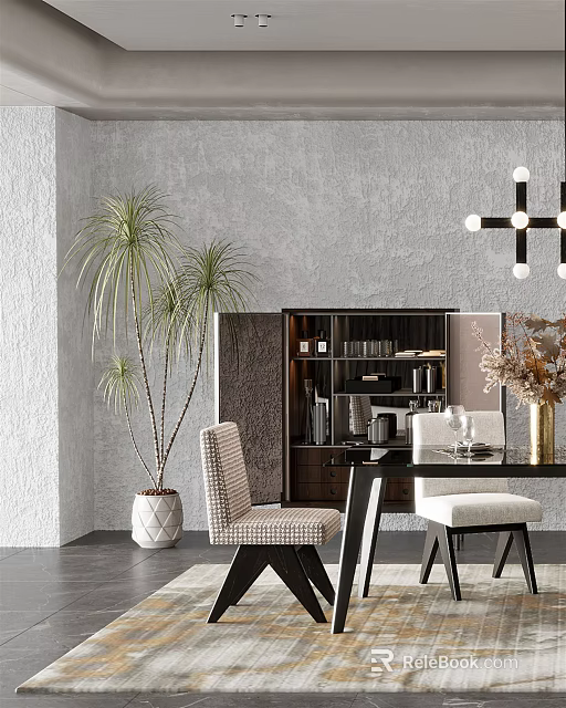 Elegant Modern Restaurant Interior With Gray Wall Brown Sideboard Palm Tree And Dining Chairs 3d model