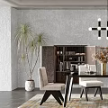 Elegant Modern Restaurant Interior With Gray Wall Brown Sideboard Palm Tree And Dining Chairs 3d model