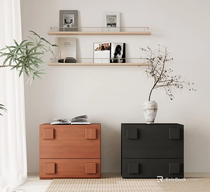 Minimalist Brown And Black Side Tables With Open Books Branch Vase And Wall Shelf 3d model 