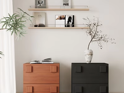 Minimalist Brown And Black Side Tables With Open Books Branch Vase And Wall Shelf 3d model