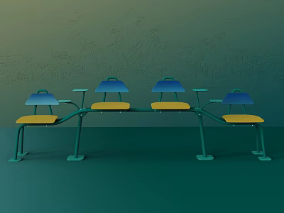 Modern Outdoor Public Seating With Blue Canopies Yellow Seats And Green Metal Frames 3d model