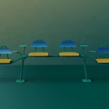 Modern Outdoor Public Seating With Blue Canopies Yellow Seats And Green Metal Frames