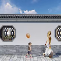 Traditional Chinese Scenic Wall With White Surface Gray Brick Base And Octagonal Window 3d model