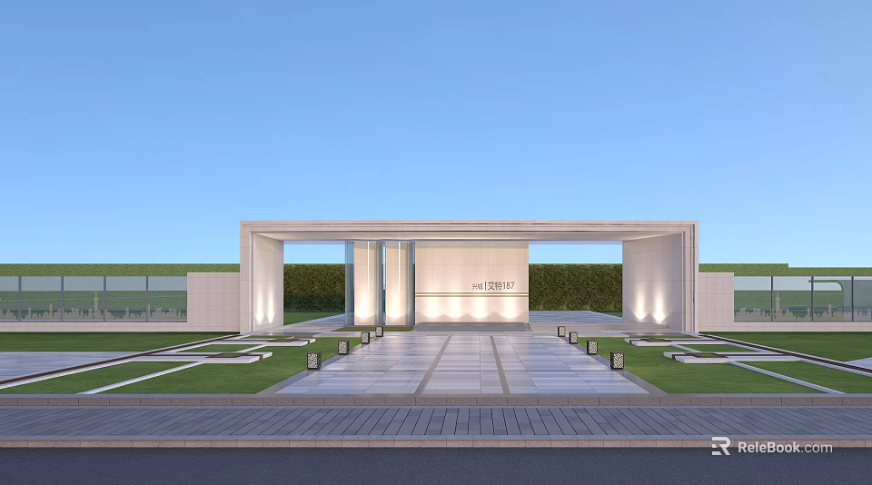Modern Entrance Gate With White Structure Lighting Square Lawn And Blue Sky 3d model 
