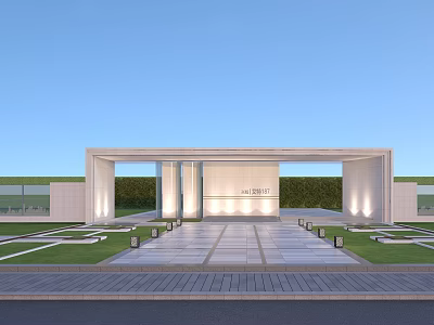 Modern Entrance Gate With White Structure Lighting Square Lawn And Blue Sky 3d model