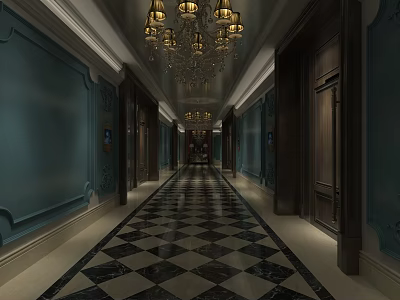 Restaurant Corridor With Chandeliers Teal Walls Black White Checkered Floor And Dark Wooden Doors 3d model