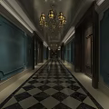 Restaurant Corridor With Chandeliers Teal Walls Black White Checkered Floor And Dark Wooden Doors