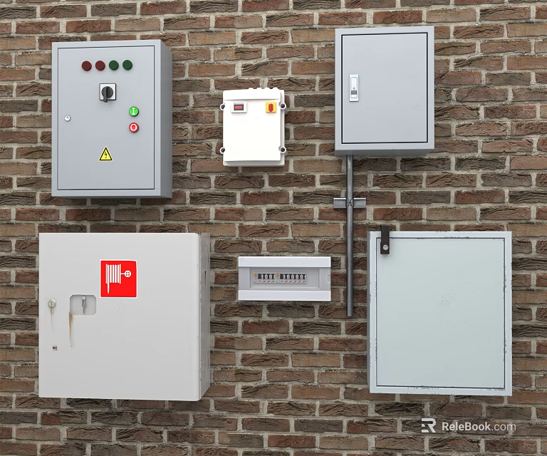 Industrial Electrical Control Panels Mounted on Brick Wall with Safety Features 3d model 