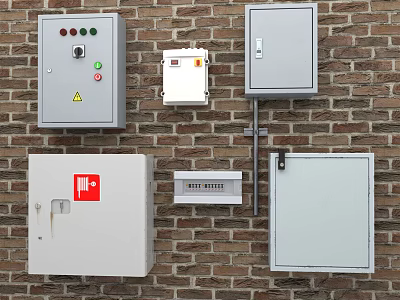 Industrial Electrical Control Panels Mounted on Brick Wall with Safety Features 3d model