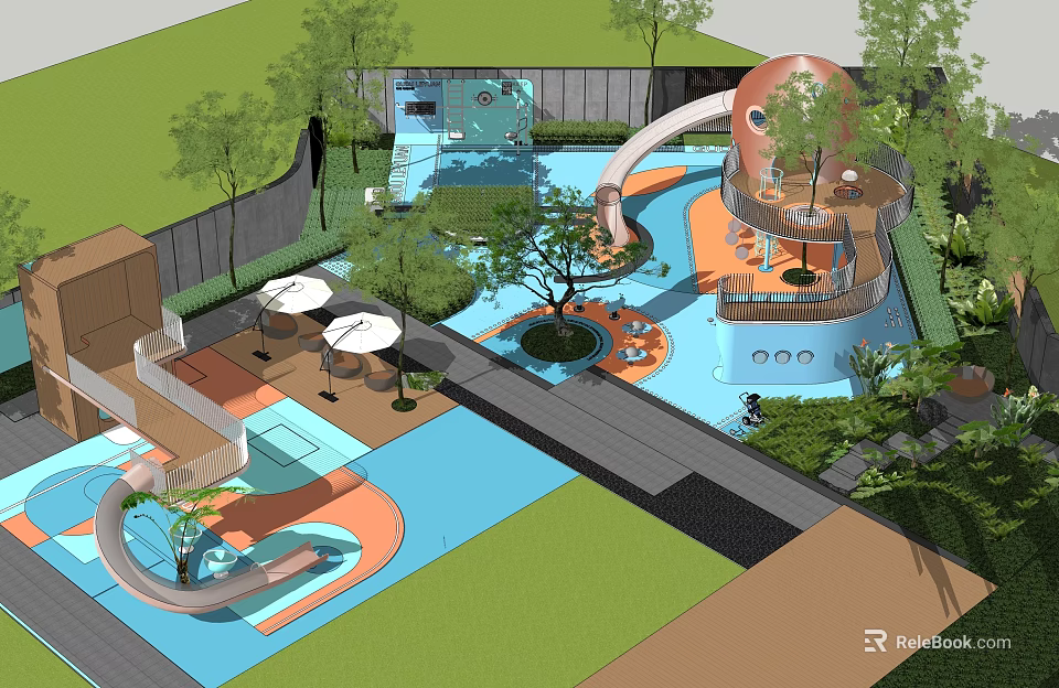 Fun Children's Play Area With Slide Water Pool Dome Structure And Green Plants 3d model 