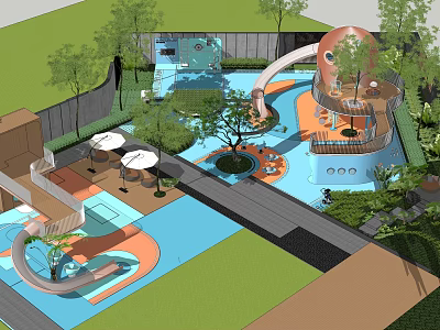 Fun Children's Play Area With Slide Water Pool Dome Structure And Green Plants 3d model